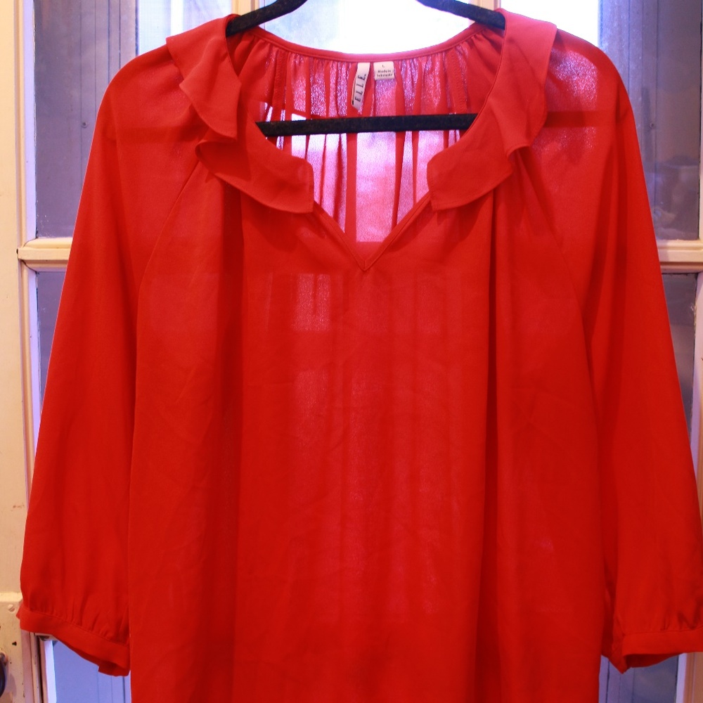 ELLE Red Ruffle-Neck Blouse